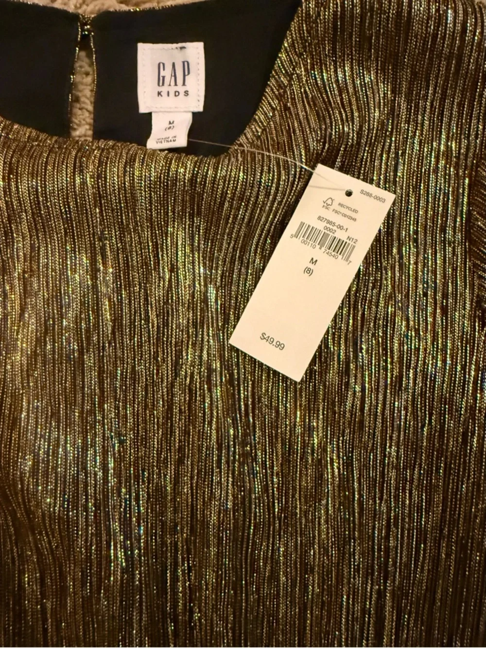 GAP Girls Metallic Gold Pleated Long-Sleeve Dress